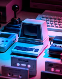 Retro computers in neon light